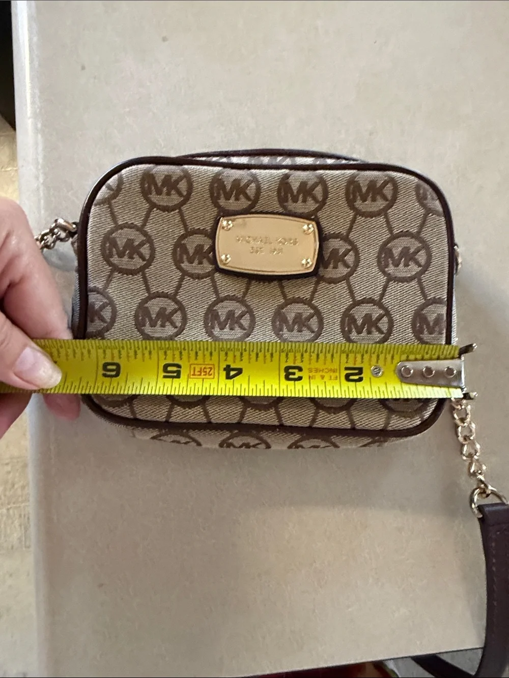 Michael Kors Tan/Brown Signature MK Crossbody with Gold Plate